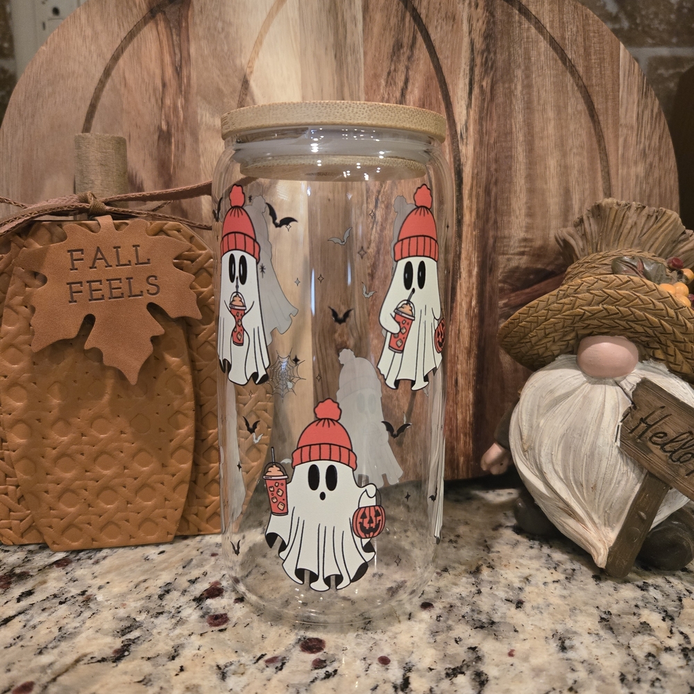Ghost Themed Glass Jar with Red Accents